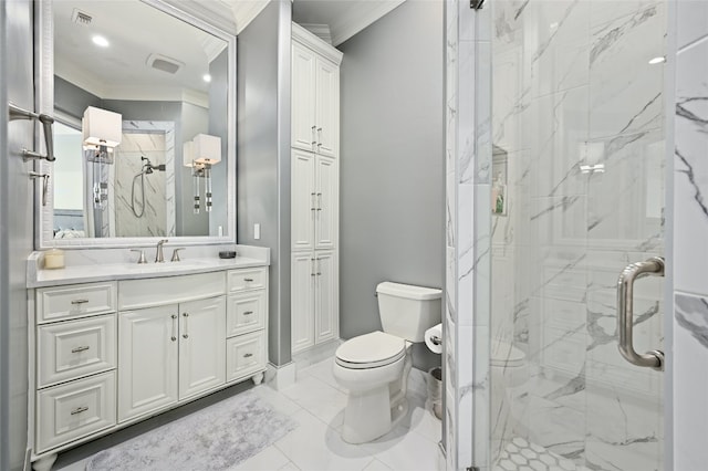 bathroom with ornamental molding, toilet, vanity, and walk in shower