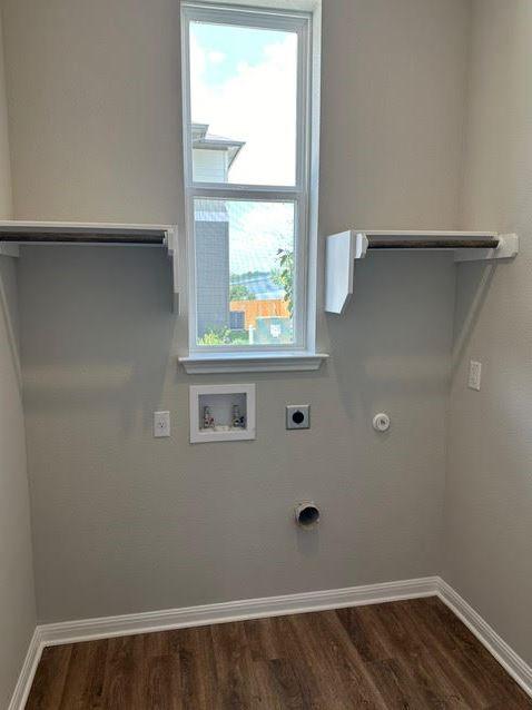 laundry room with dark hardwood / wood-style floors, a healthy amount of sunlight, electric dryer hookup, and washer hookup