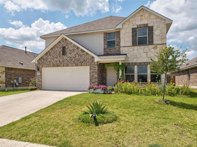 view of front facade with a garage and a front lawn