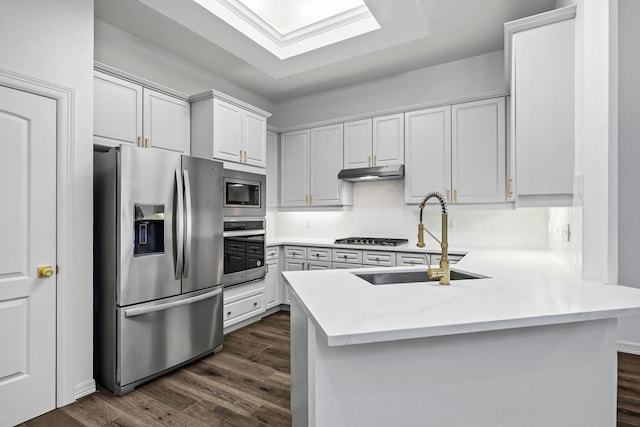 kitchen featuring white cabinetry, sink, kitchen peninsula, and appliances with stainless steel finishes