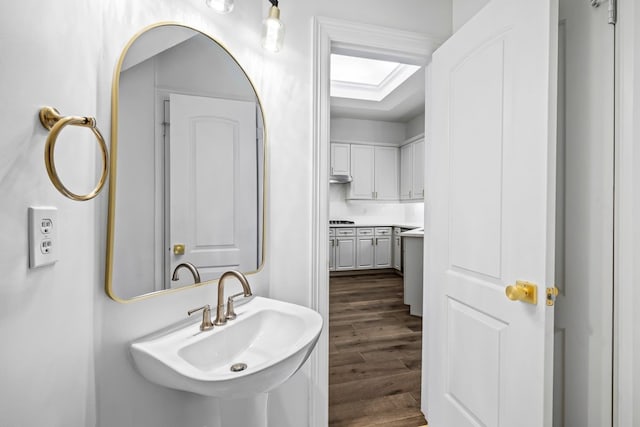 bathroom featuring hardwood / wood-style flooring, sink, and a skylight