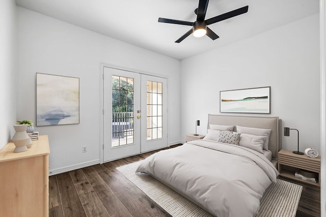 bedroom featuring ceiling fan, access to exterior, dark hardwood / wood-style floors, and french doors