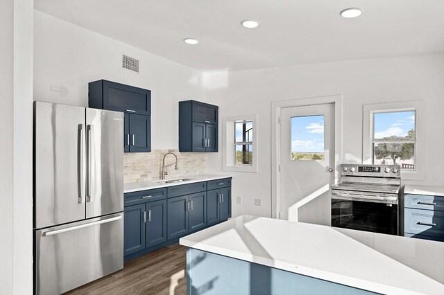 14409 Bois D Arc Ln, Manor, TX 78653 - kitchen featuring visible vents, a sink, backsplash, dark wood finished floors, and appliances with stainless steel finishes