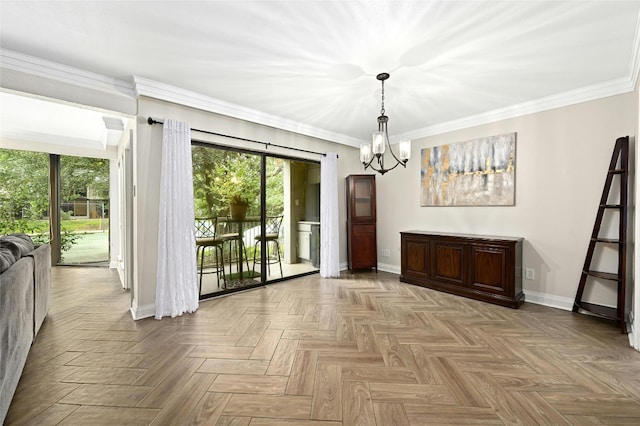 unfurnished dining area with light parquet flooring, a chandelier, and ornamental molding