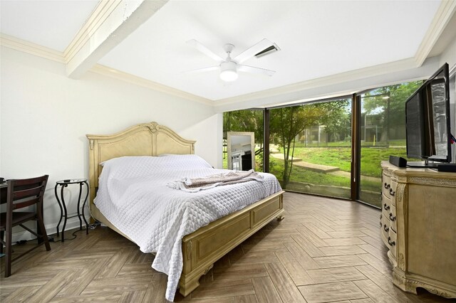 bedroom featuring parquet floors, ceiling fan, ornamental molding, and beam ceiling