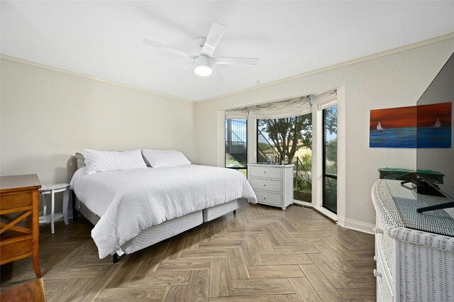 bedroom featuring parquet floors, access to outside, ceiling fan, and crown molding