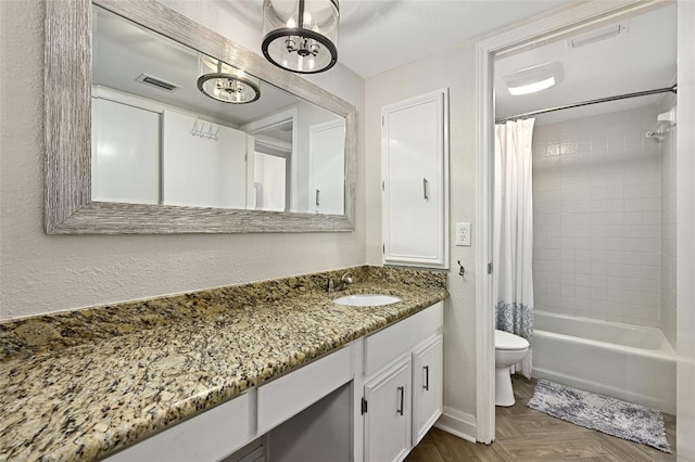 full bathroom featuring shower / tub combo, parquet flooring, toilet, vanity, and a chandelier