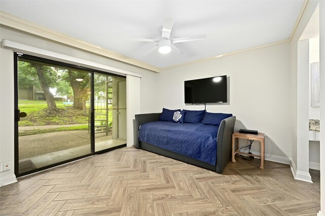 bedroom featuring ornamental molding, light parquet floors, ceiling fan, and access to exterior