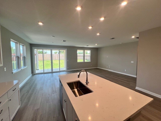 kitchen with sink, dark hardwood / wood-style floors, light stone counters, and a kitchen island with sink