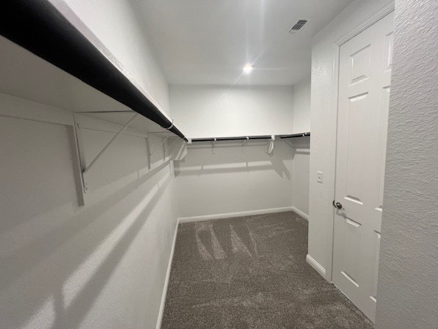 spacious closet featuring dark colored carpet