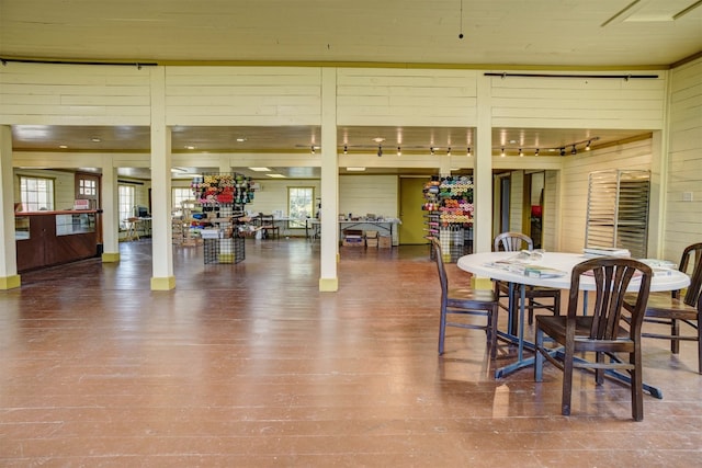 dining room with wooden walls, hardwood / wood-style floors, and a wealth of natural light