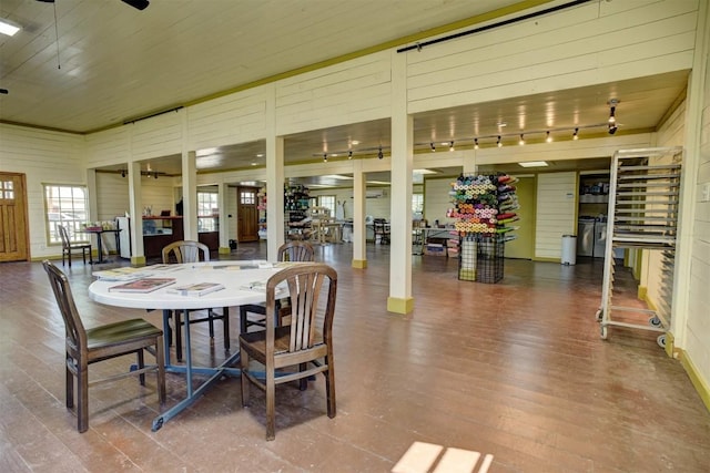 128 Gonzales St, Paige, TX 78659 - dining area with rail lighting, a ceiling fan, wood finished floors, and wooden ceiling