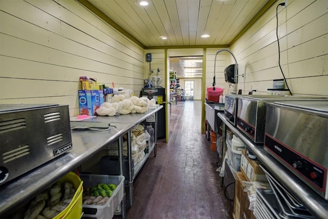128 Gonzales St, Paige, TX 78659 - interior space featuring dark wood-style flooring, wooden ceiling, wooden walls, and recessed lighting