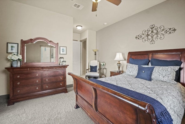 bedroom featuring light carpet and ceiling fan