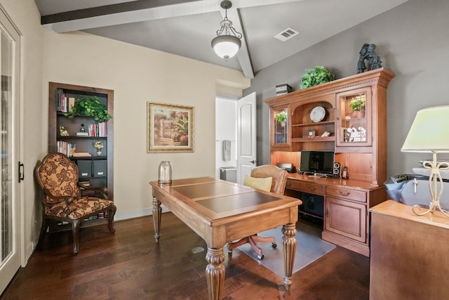 office space with beamed ceiling and dark hardwood / wood-style floors