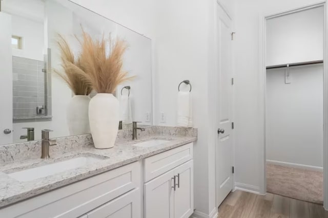 bathroom featuring double vanity and wood-type flooring