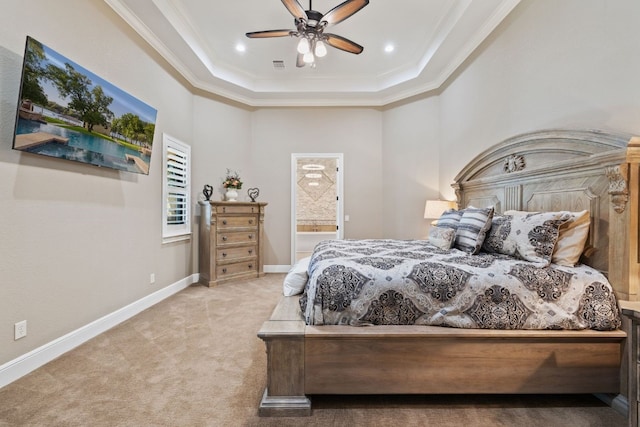 911 Legends Pkwy, Kingsland, TX 78639 - bedroom featuring carpet flooring, a raised ceiling, crown molding, a high ceiling, and ceiling fan