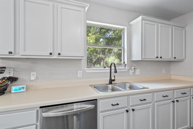 kitchen with white cabinetry, sink, and stainless steel dishwasher