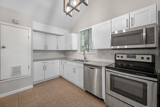 kitchen featuring sink, appliances with stainless steel finishes, white cabinets, and light tile patterned floors