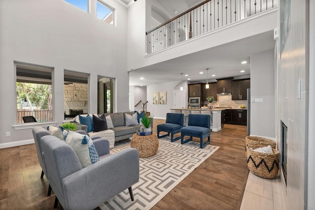 living room featuring a stone fireplace and dark wood-type flooring