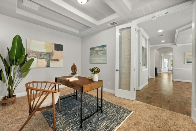 office area featuring french doors, ornamental molding, and hardwood / wood-style flooring