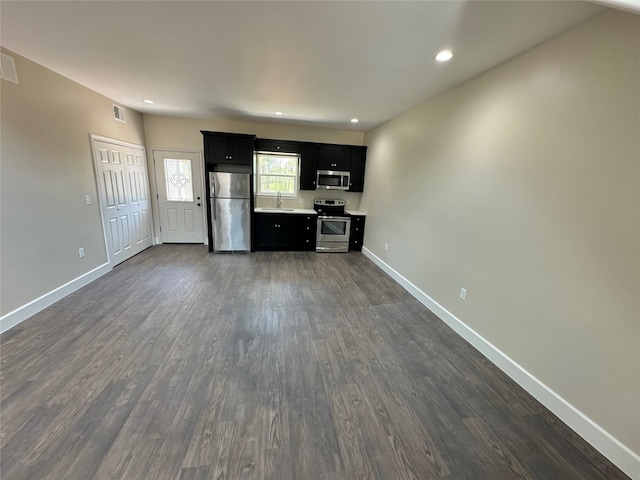 unfurnished living room with sink and dark wood-type flooring