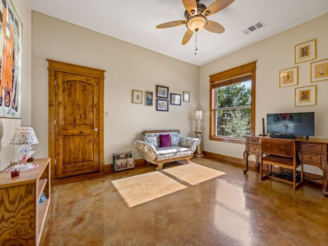 interior space with baseboards, concrete floors, visible vents, and a ceiling fan