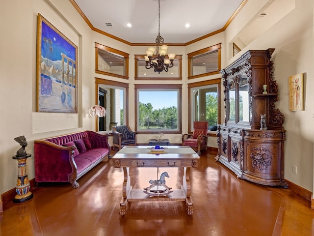 sitting room featuring a notable chandelier, baseboards, crown molding, and wood finished floors