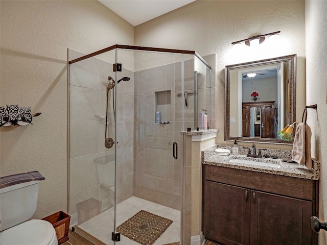 bathroom with toilet, vanity, and a shower with shower door