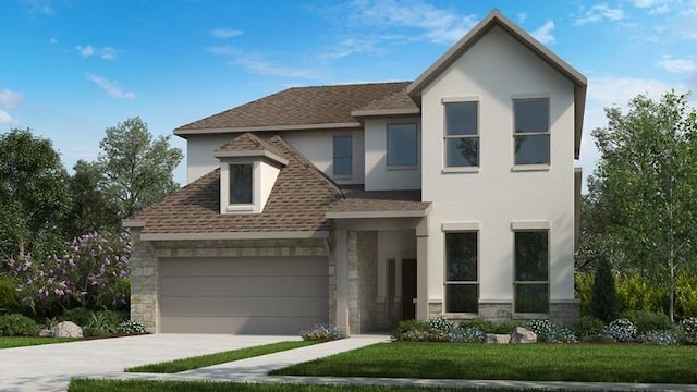 view of front of property featuring a garage and a front lawn