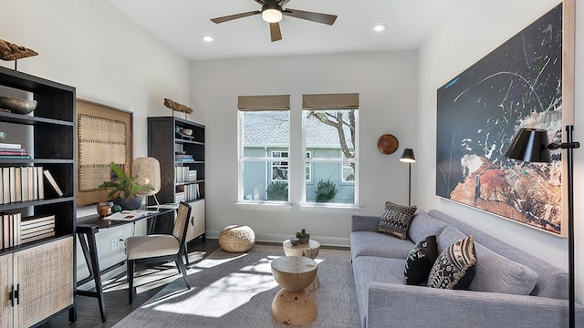 office space featuring ceiling fan and dark wood-type flooring