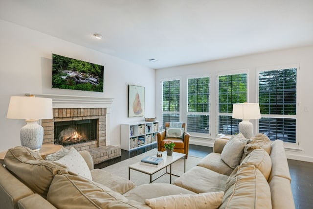 living room with hardwood / wood-style flooring and a fireplace