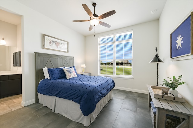 bedroom featuring ceiling fan and ensuite bath