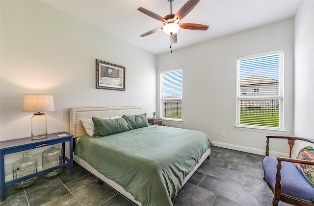 bedroom featuring ceiling fan and multiple windows