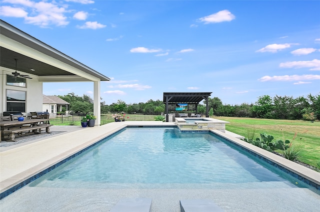 view of swimming pool with ceiling fan, a pergola, a patio, and an in ground hot tub