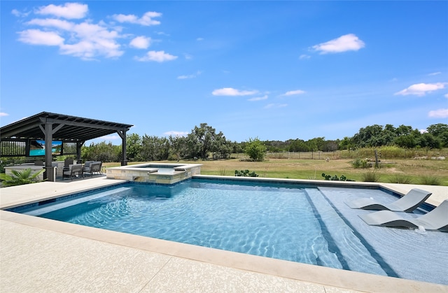 view of swimming pool with a gazebo, a patio, and an in ground hot tub