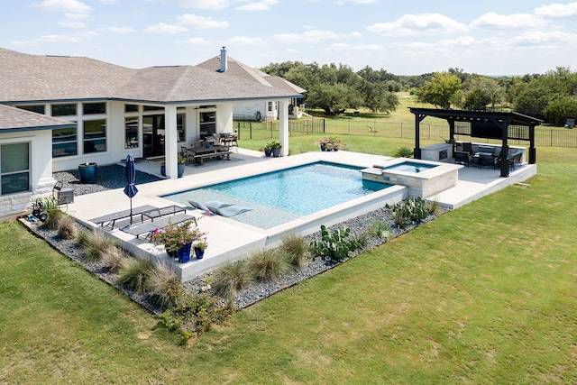 view of pool with an outdoor living space, a patio, and an in ground hot tub