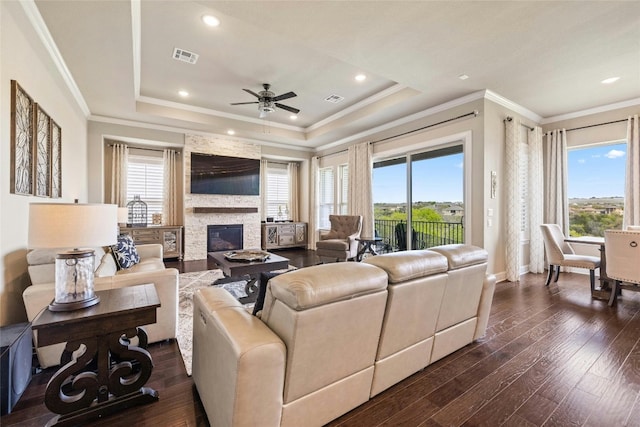 living area featuring visible vents, a tray ceiling, dark wood-style flooring, and a stone fireplace