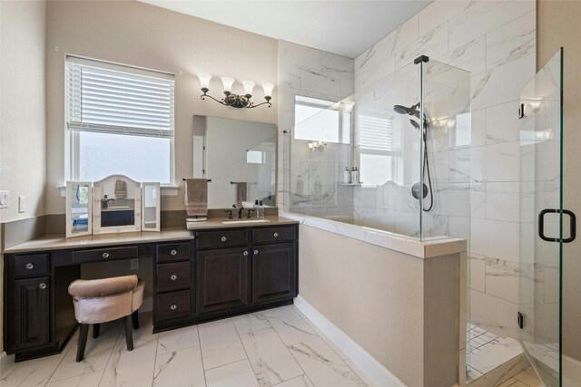 bathroom featuring a shower with door, tile patterned flooring, and plenty of natural light