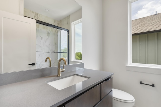 bathroom with toilet, a healthy amount of sunlight, a shower with door, and vanity