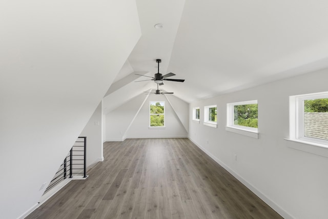 additional living space featuring ceiling fan, vaulted ceiling, a wealth of natural light, and wood-type flooring