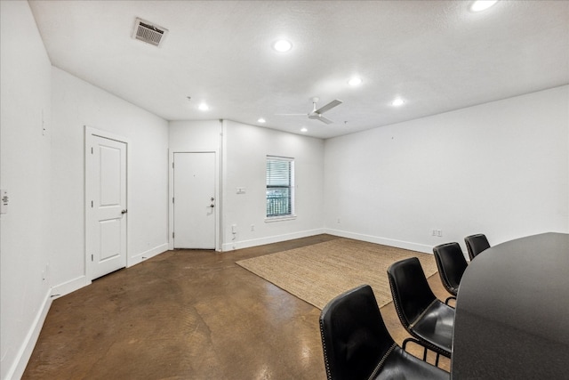 home office featuring a textured ceiling and ceiling fan