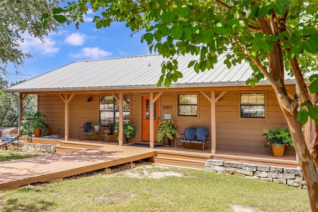 back of property with metal roof and a yard