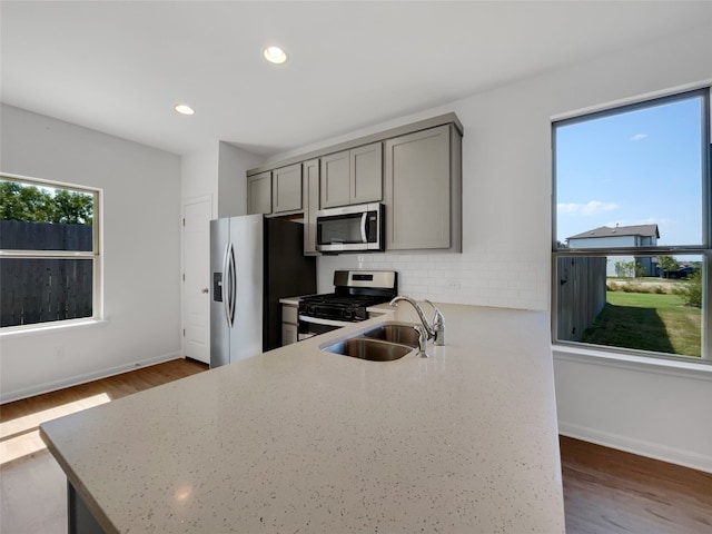 kitchen with gray cabinets, stainless steel appliances, sink, and hardwood / wood-style floors