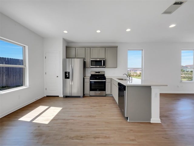 kitchen with appliances with stainless steel finishes, light wood-type flooring, sink, and gray cabinetry