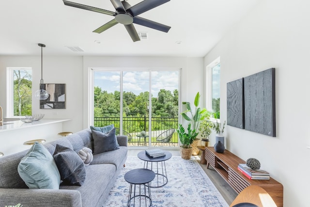 living room featuring ceiling fan, a wealth of natural light, and hardwood / wood-style flooring