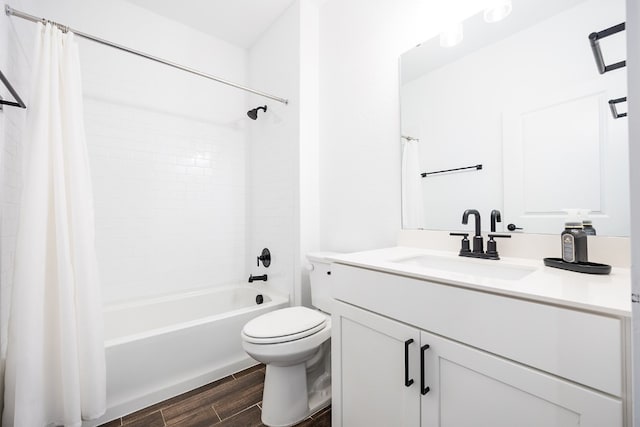 full bathroom featuring shower / bath combination with curtain, wood-type flooring, toilet, and vanity