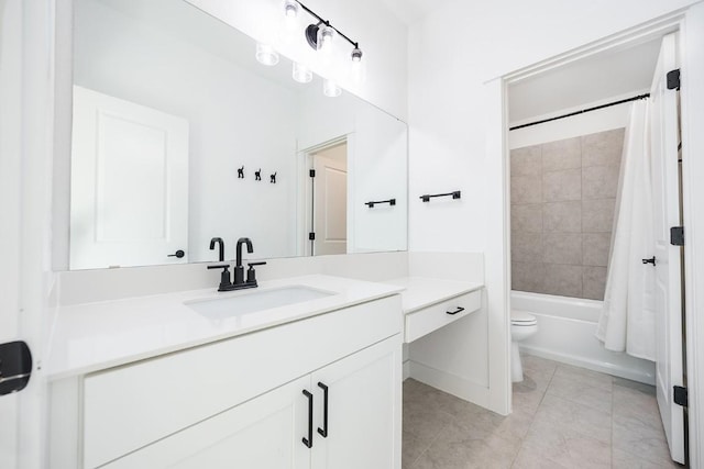 full bathroom with tile patterned flooring, vanity, toilet, and shower / bath combination with curtain