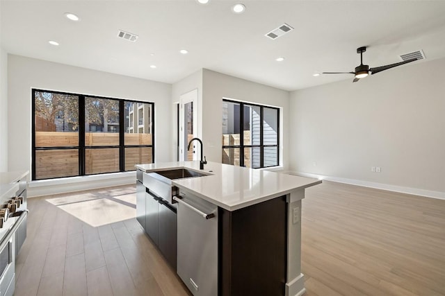 kitchen featuring sink, light hardwood / wood-style flooring, a wealth of natural light, and an island with sink