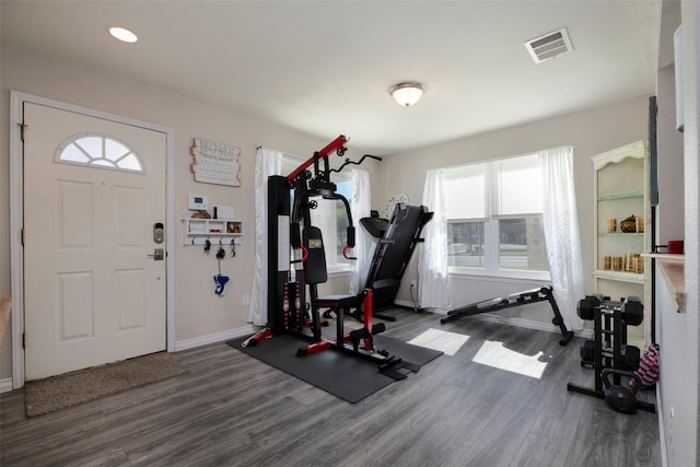 exercise area with dark hardwood / wood-style floors and a healthy amount of sunlight